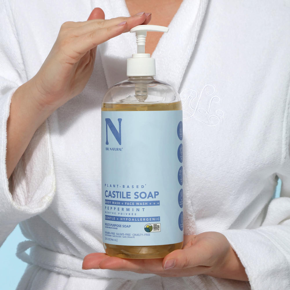 Dr. Natural Castile Soap doubles as shampoo for versatile care.
