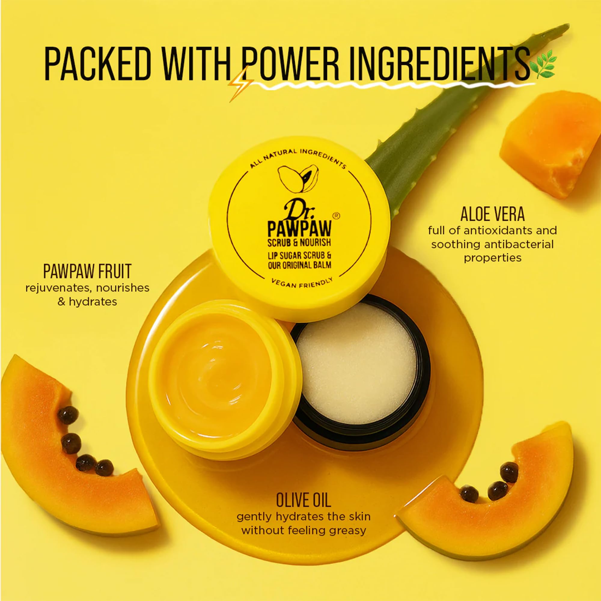 Dr. PawPaw pawpaw fruit with olive oil bottle closeup highlighting nourishing ingredients