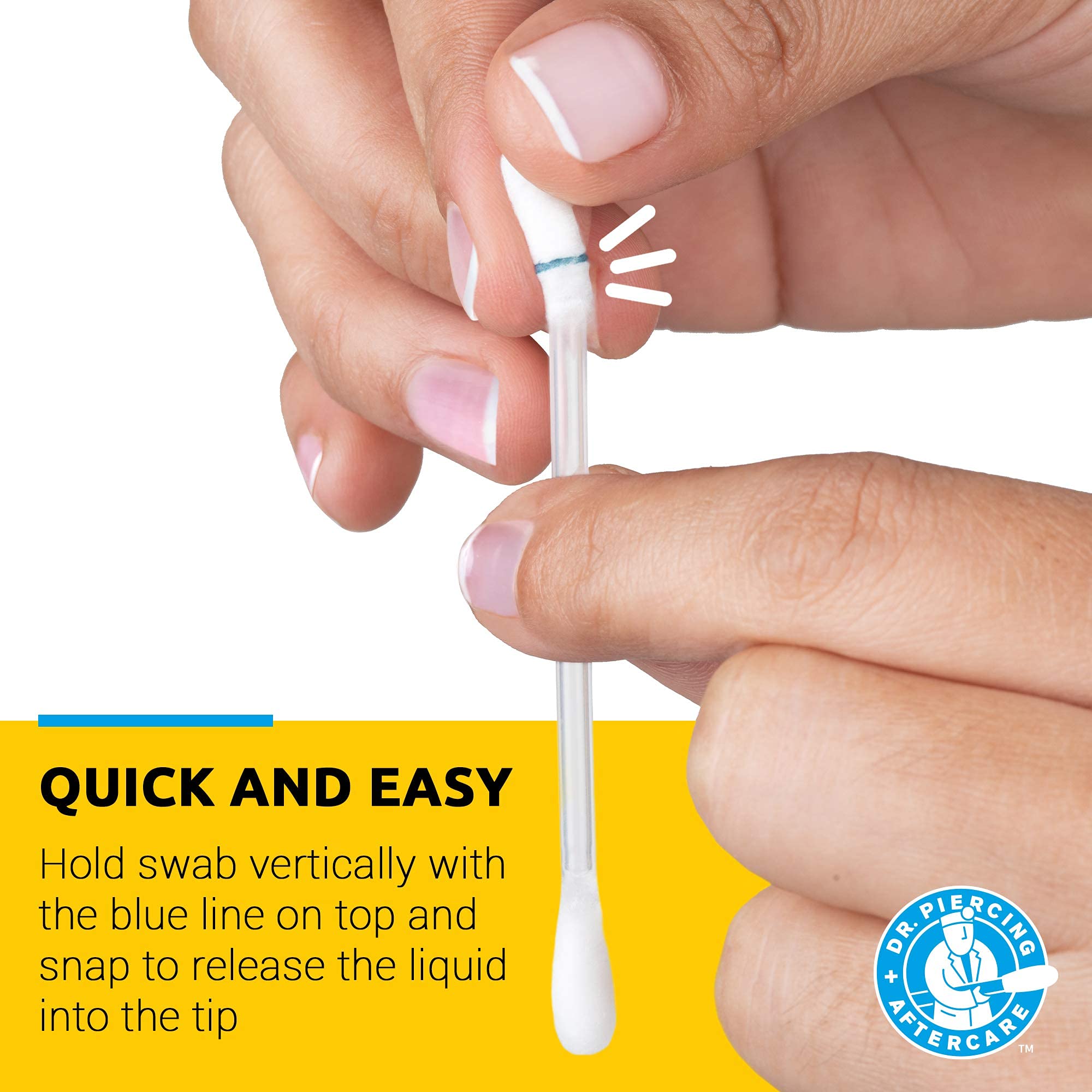Close-up of DR. PIERCING AFTERCARE swab applying to a piercing for quick cleansing.