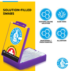 Blue line indicator on DR. PIERCING AFTERCARE swab for snap-and-use prep.