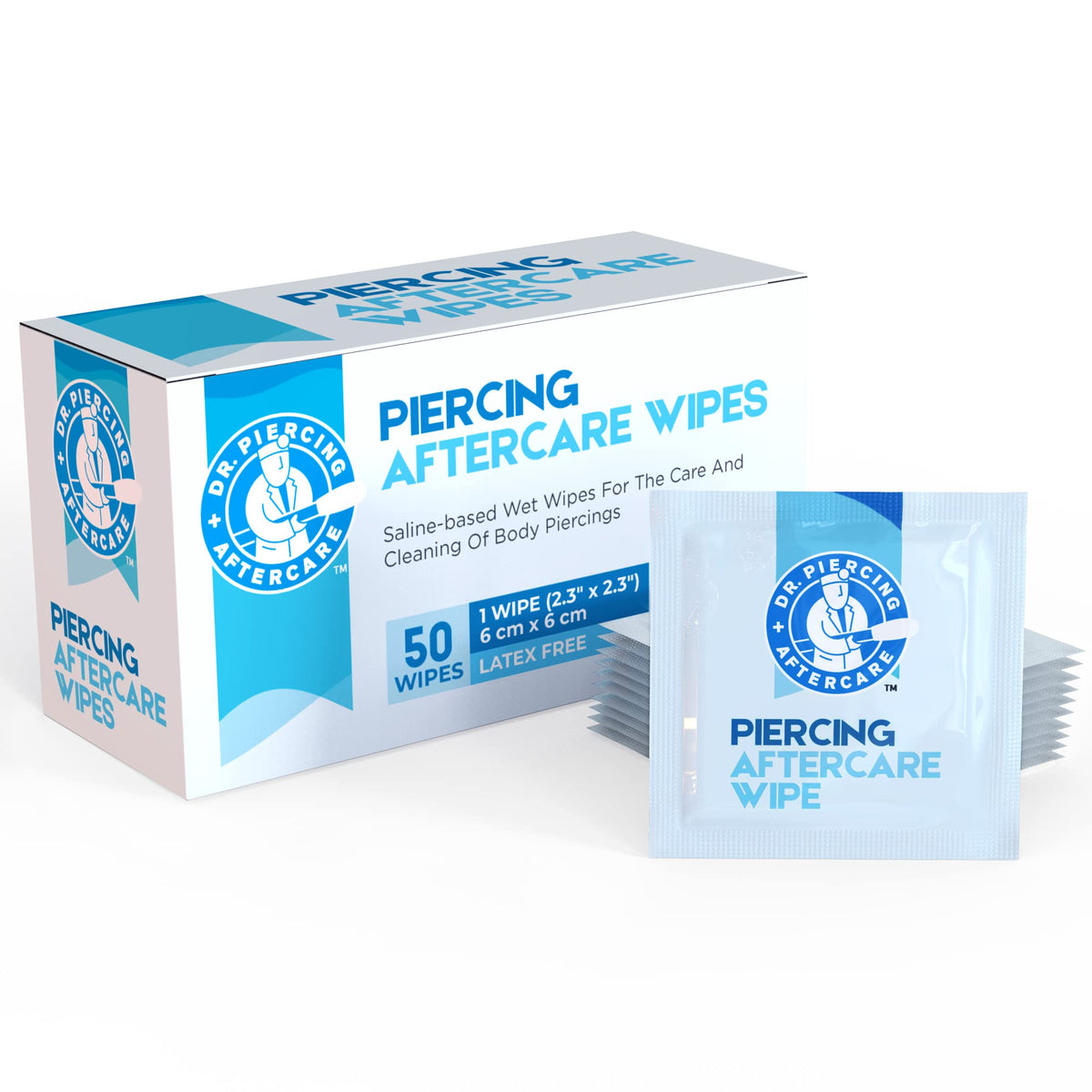 DR. PIERCING AFTERCARE: Paquete de 50 toallitas para limpieza suave de piercings.