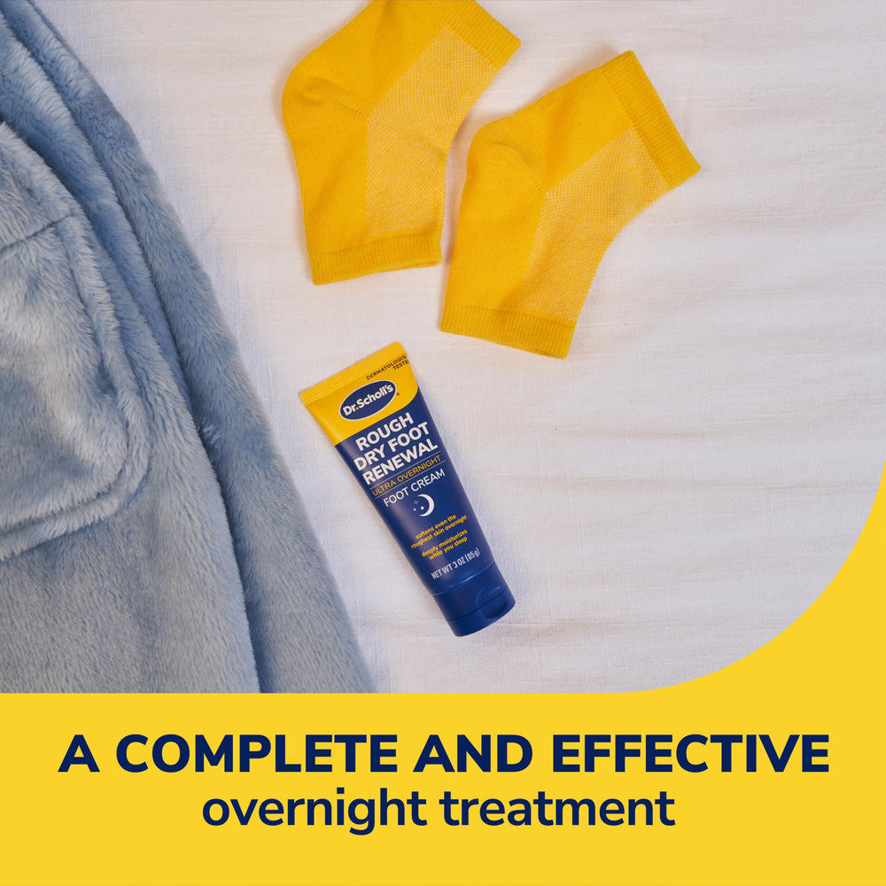Dr. Scholl's assembled foot care kit shown with socks and cream.