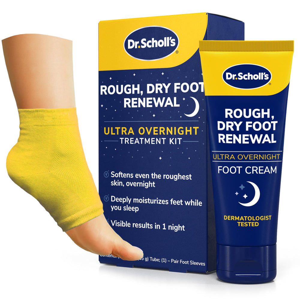 Dr. Scholl's rough-dry foot renewal bottle shown for overnight hydration.