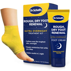 Dr. Scholl's rough-dry foot renewal bottle shown for overnight hydration.