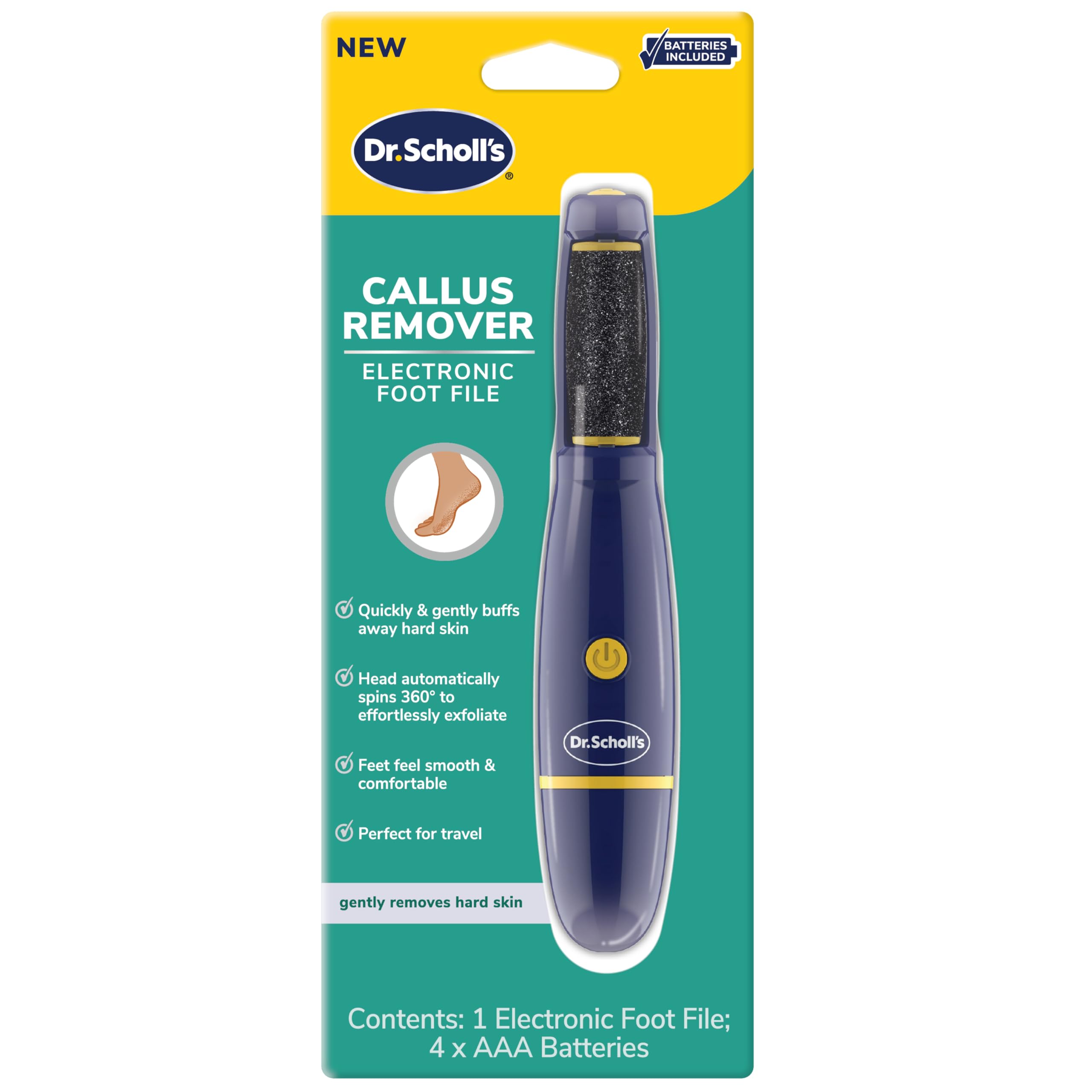 Dr. Scholl's Callus Remover foot file with rotating head smooths rough skin.