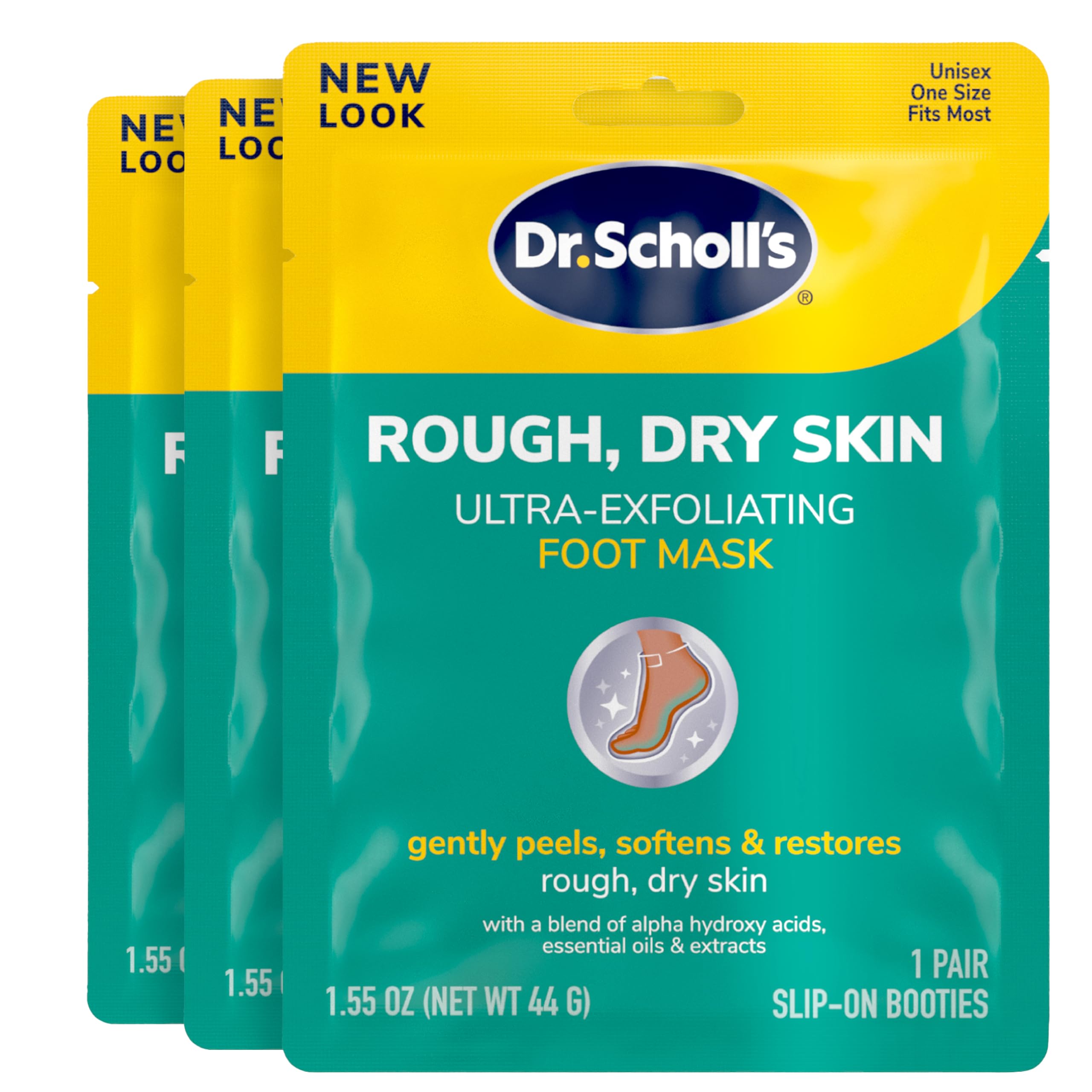 Dr. Scholl's mascarilla exfoliante para pies, empaque visible, facilita suavizar la piel áspera.