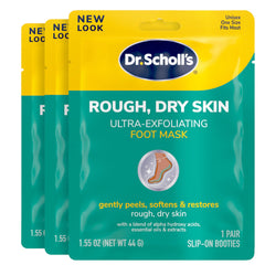 Dr. Scholl's mascarilla exfoliante para pies, empaque visible, facilita suavizar la piel áspera.