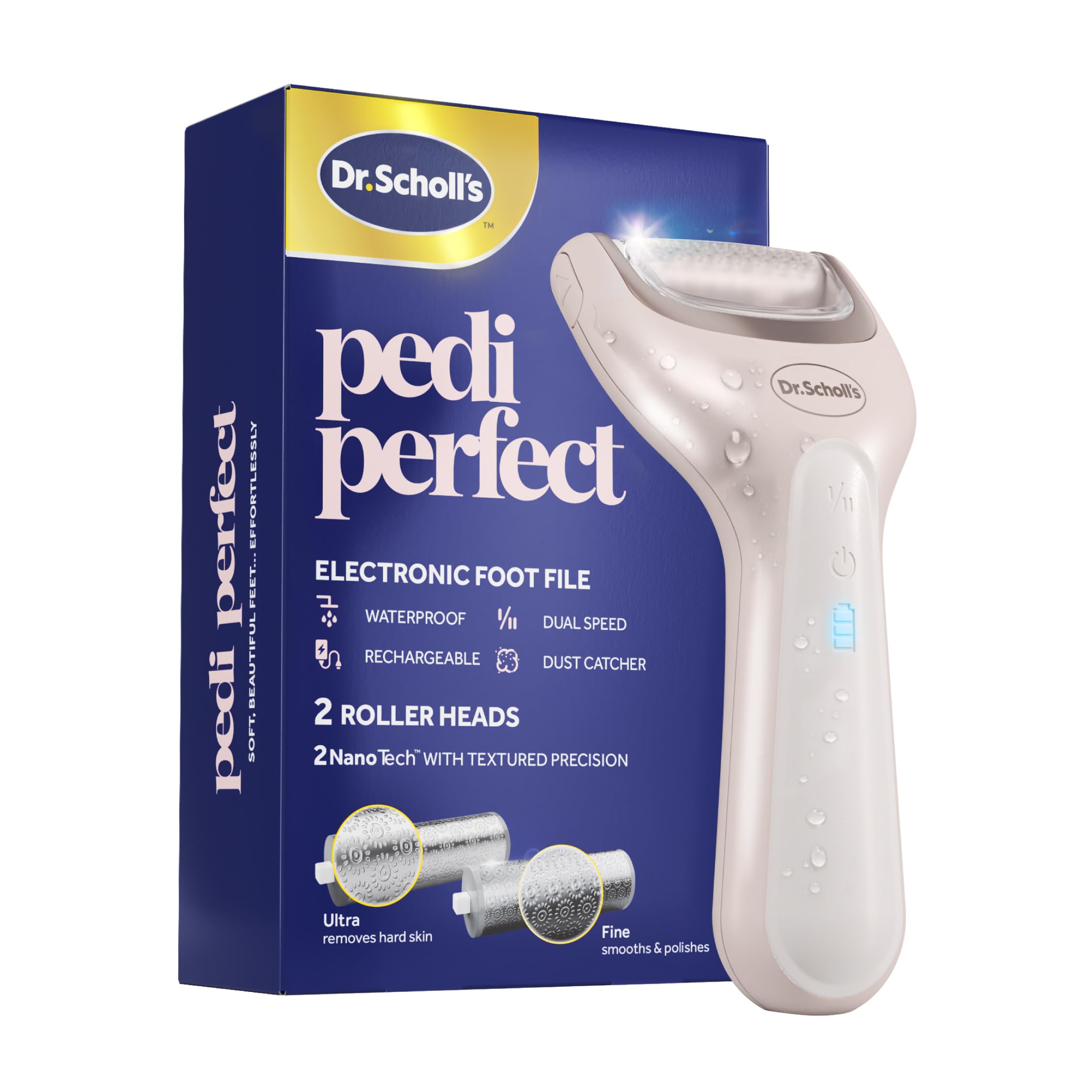 Dr. Scholl's Pedi Perfect electric foot file handle for a comfortable grip and precise use.