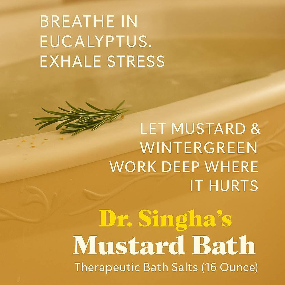 Dr. Singha's mustard bath salts front pack showing full-body warmth.
