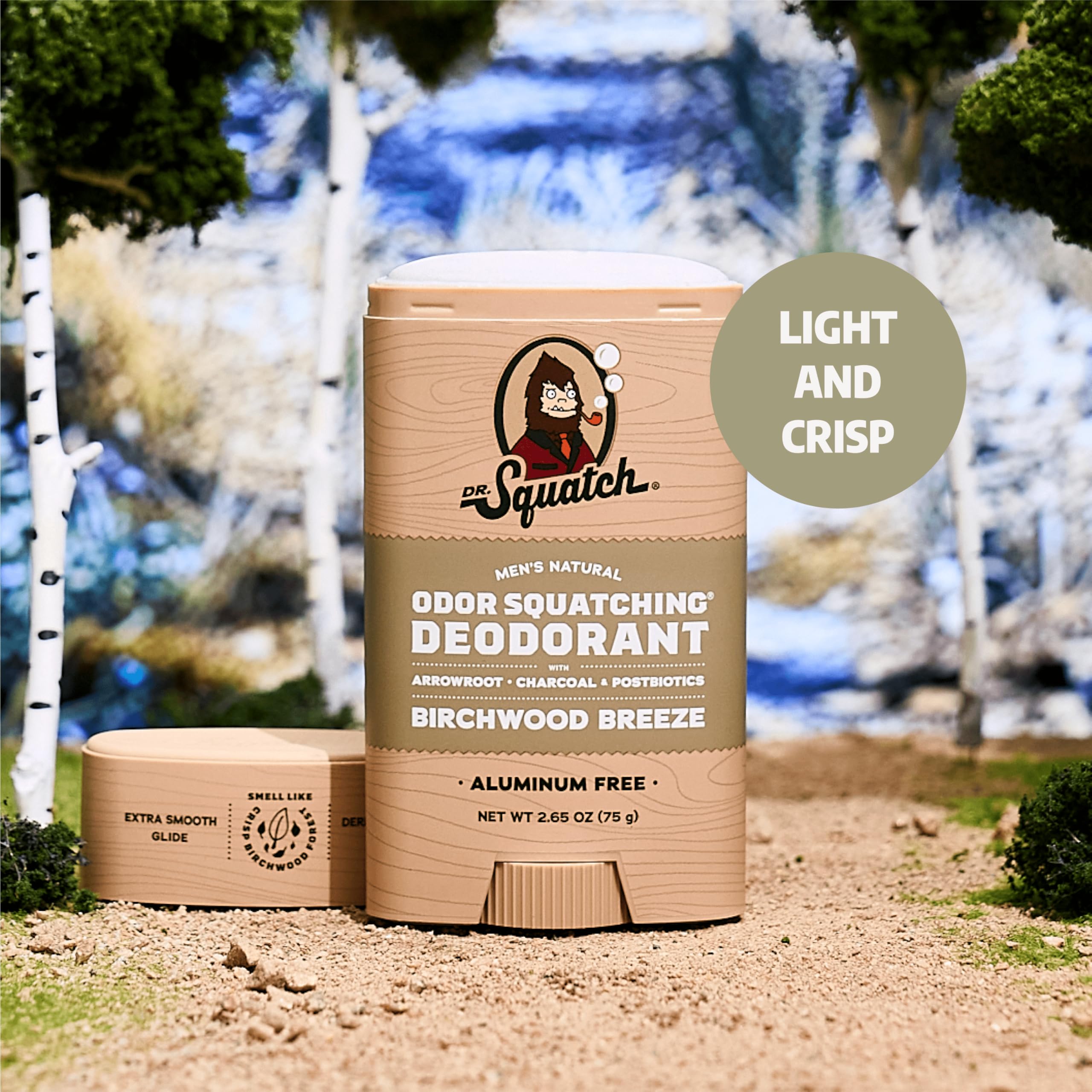 Dr. Squatch arrowroot-charcoal-postbiotics ingredients close-up for odor control