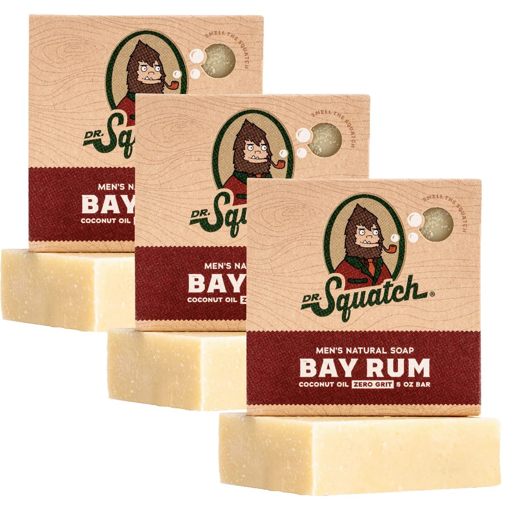 Dr. Squatch Bay Rum bar soap lather for a refreshing cleanse.