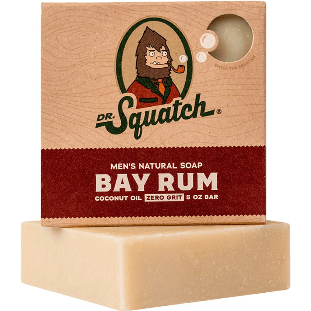 Dr. Squatch Bay Rum, barra en mano, limpieza suave y aroma intenso