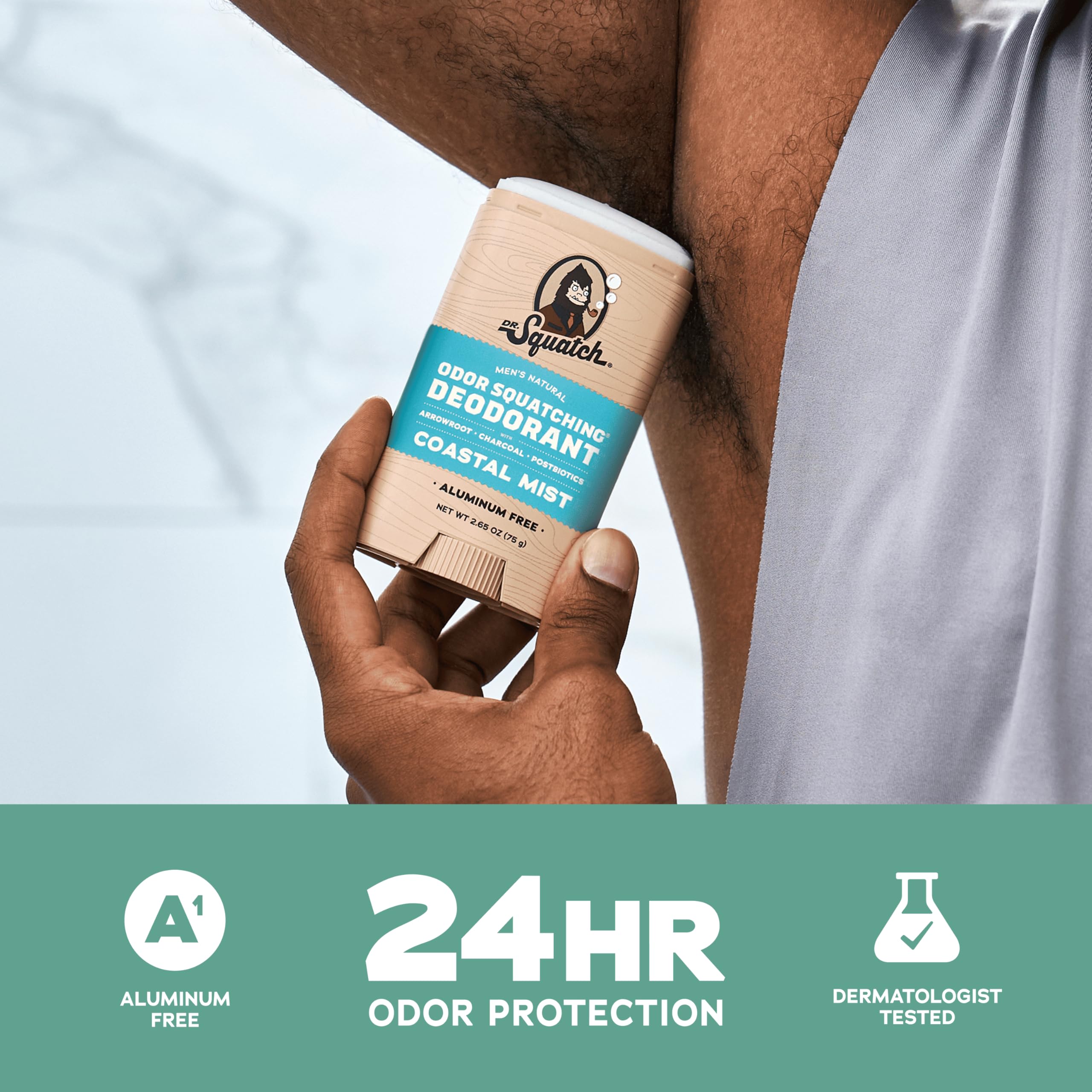Dr. Squatch Charcoal Postbiotics deodorant showing natural odor control.