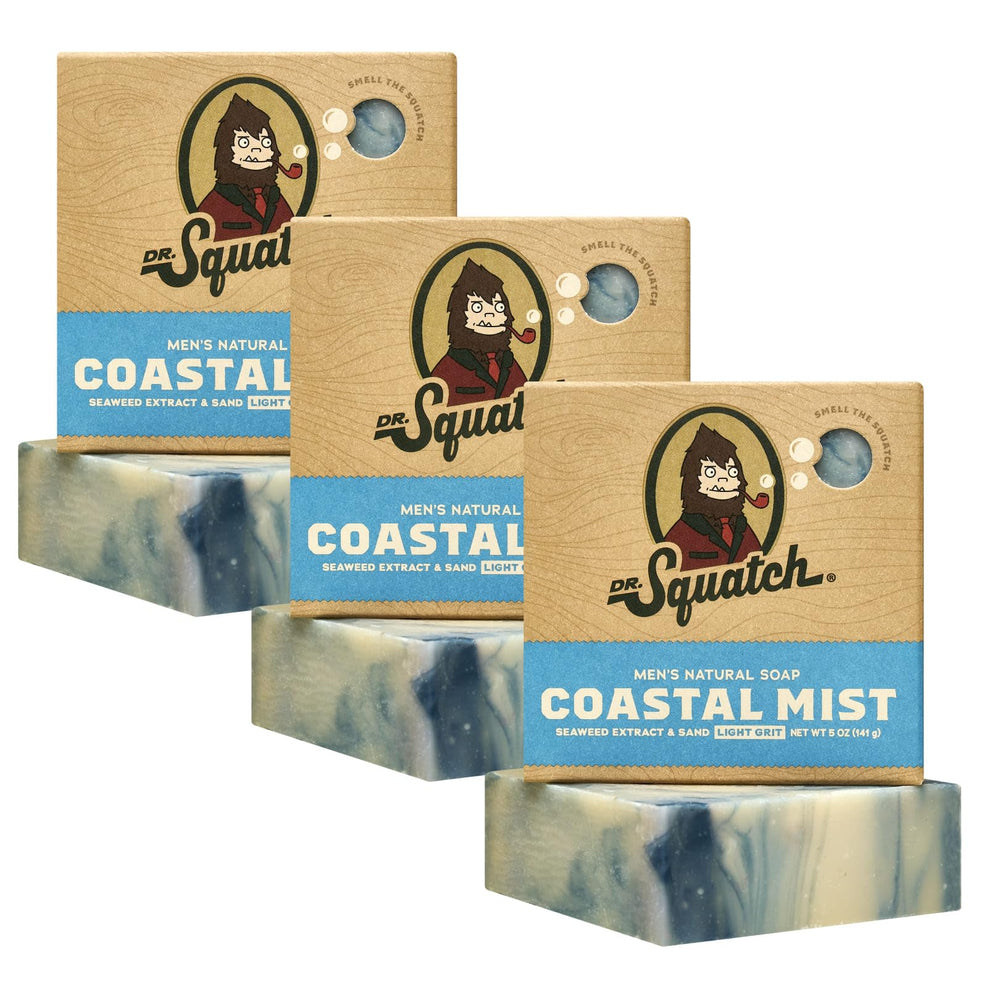 Dr. Squatch Coastal Mist, barra para hombres en conjunto de tres, aroma fresco.