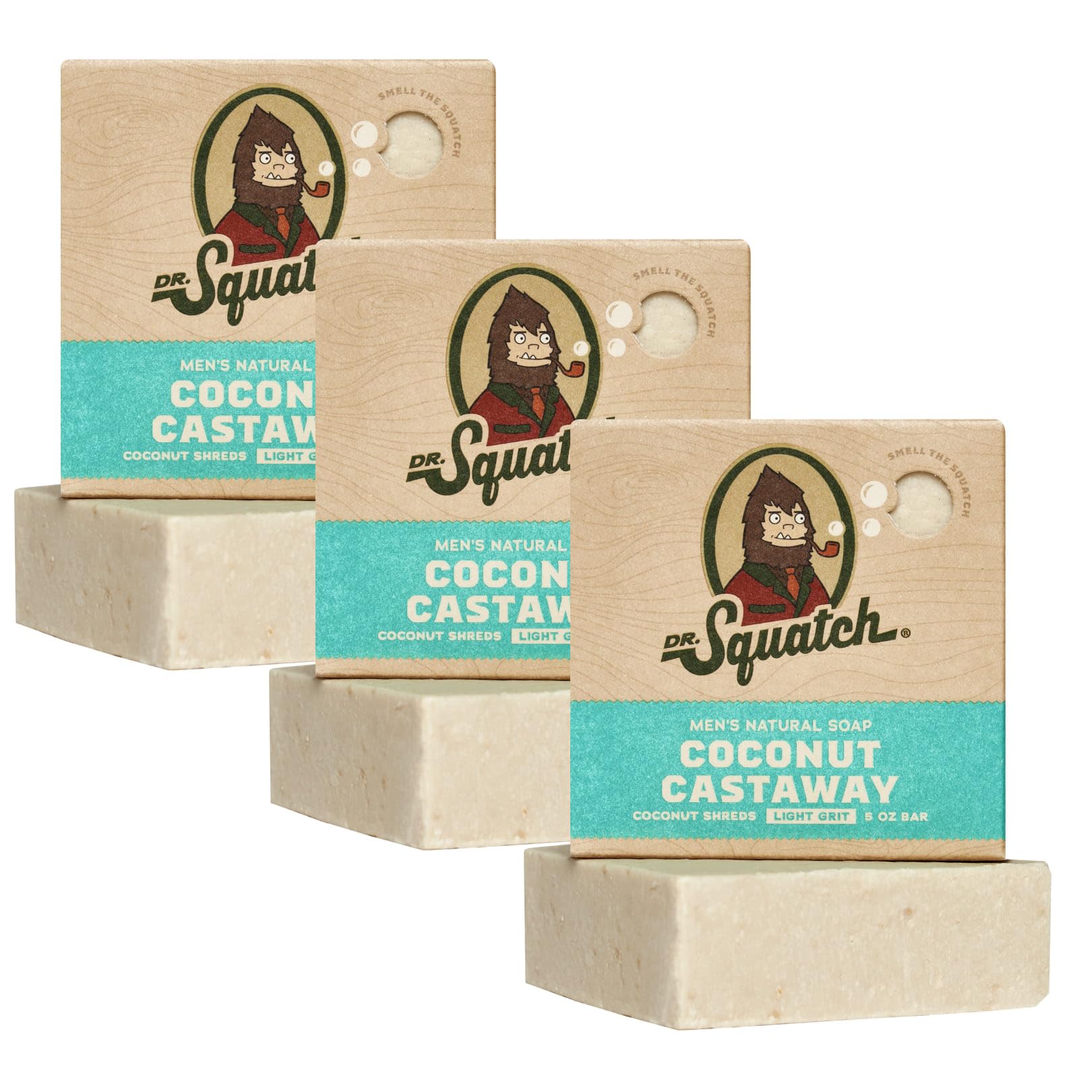 Dr. Squatch Coconut Castaway bar close-up highlighting natural lather and texture.