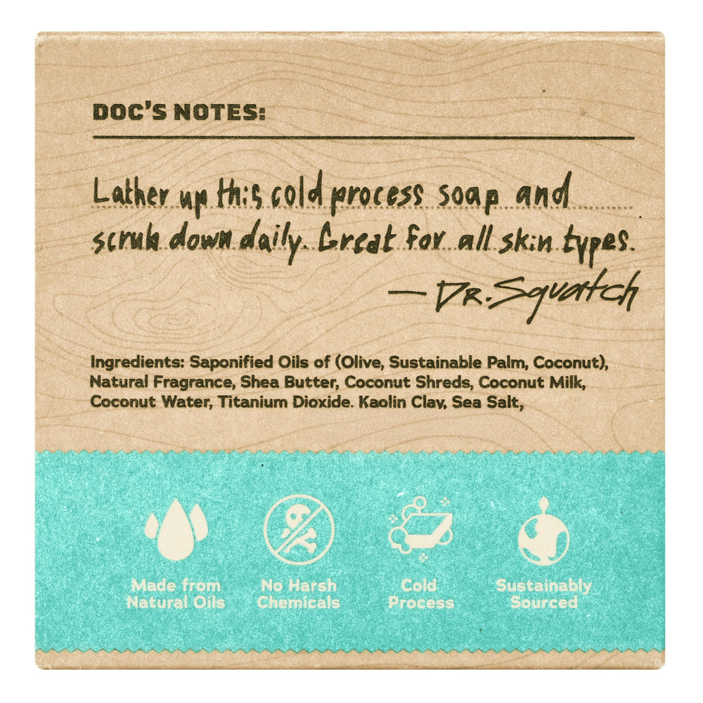 Dr. Squatch Coconut Castaway cold-process bar emphasizing pure ingredients for daily cleansing.