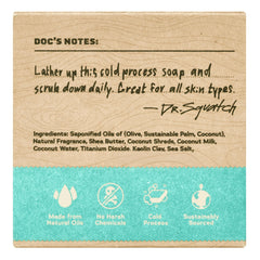 Dr. Squatch Coconut Castaway cold-process bar emphasizing pure ingredients for daily cleansing.