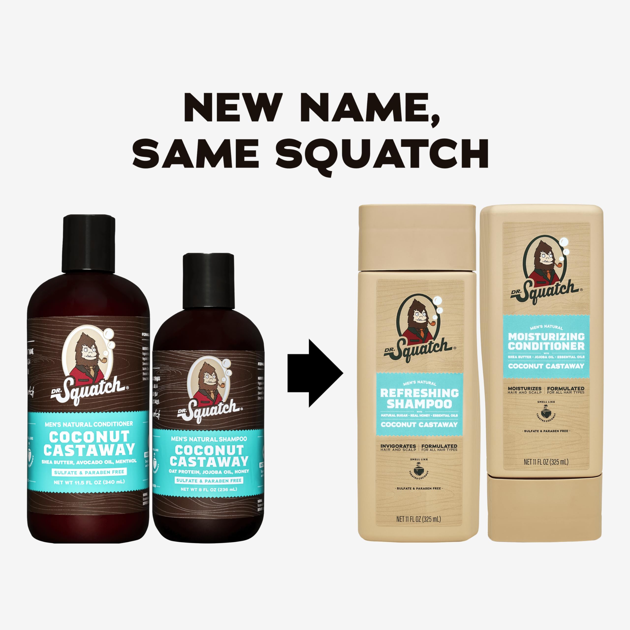 Dr. Squatch Coconut Castaway conditioner bottle promoting manageable, shiny hair