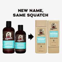 Dr. Squatch Coconut Castaway conditioner bottle promoting manageable, shiny hair