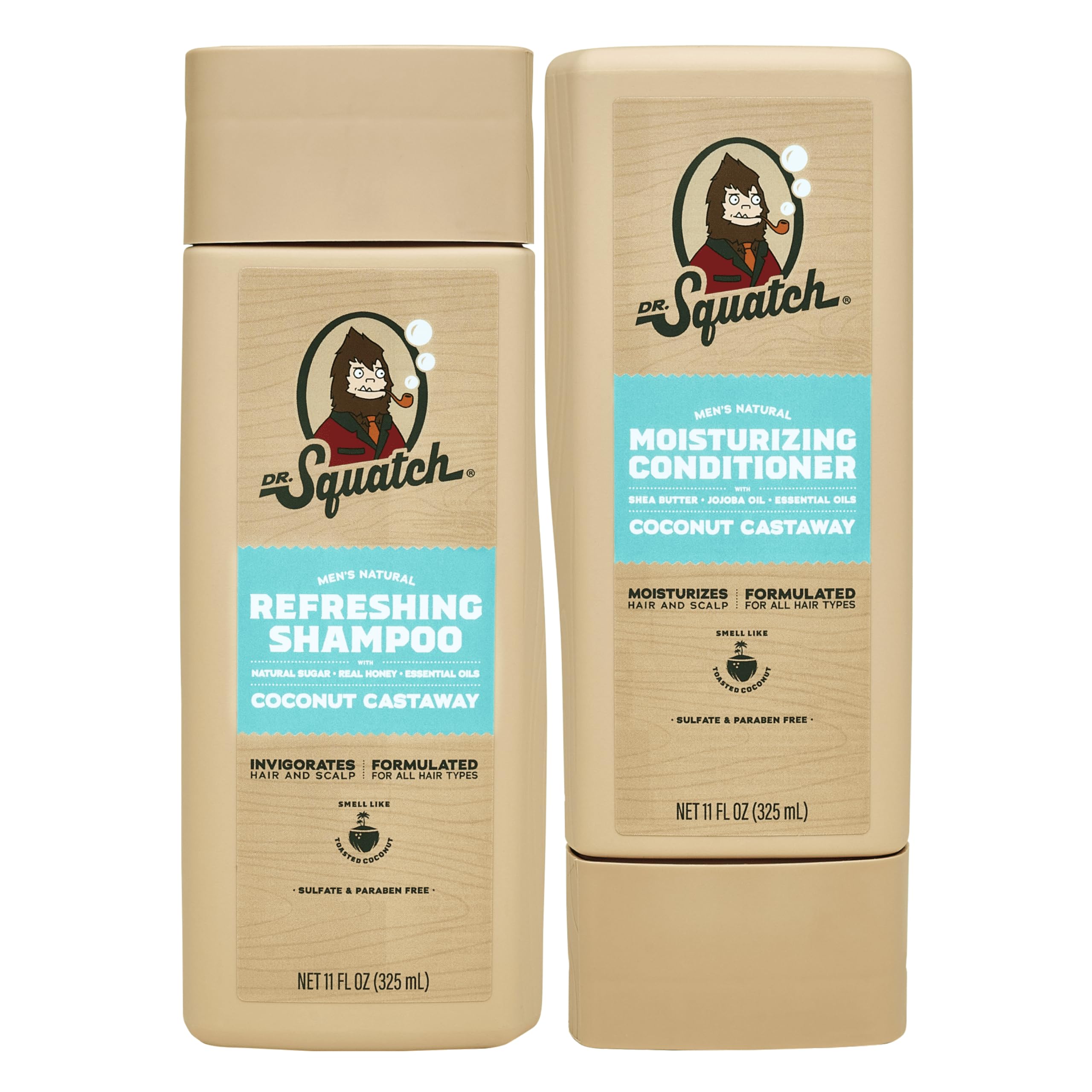 Dr. Squatch Coconut Castaway shampoo bottle highlights silky hair and soothed scalp