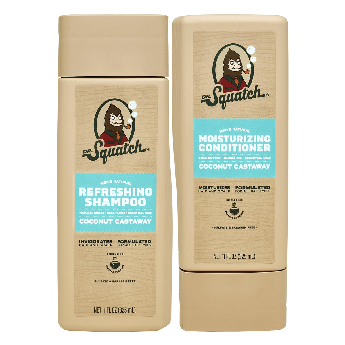 Dr. Squatch Coconut Castaway shampoo bottle highlights silky hair and soothed scalp