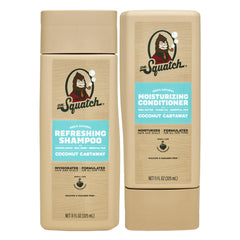 Dr. Squatch Coconut Castaway shampoo bottle highlights silky hair and soothed scalp