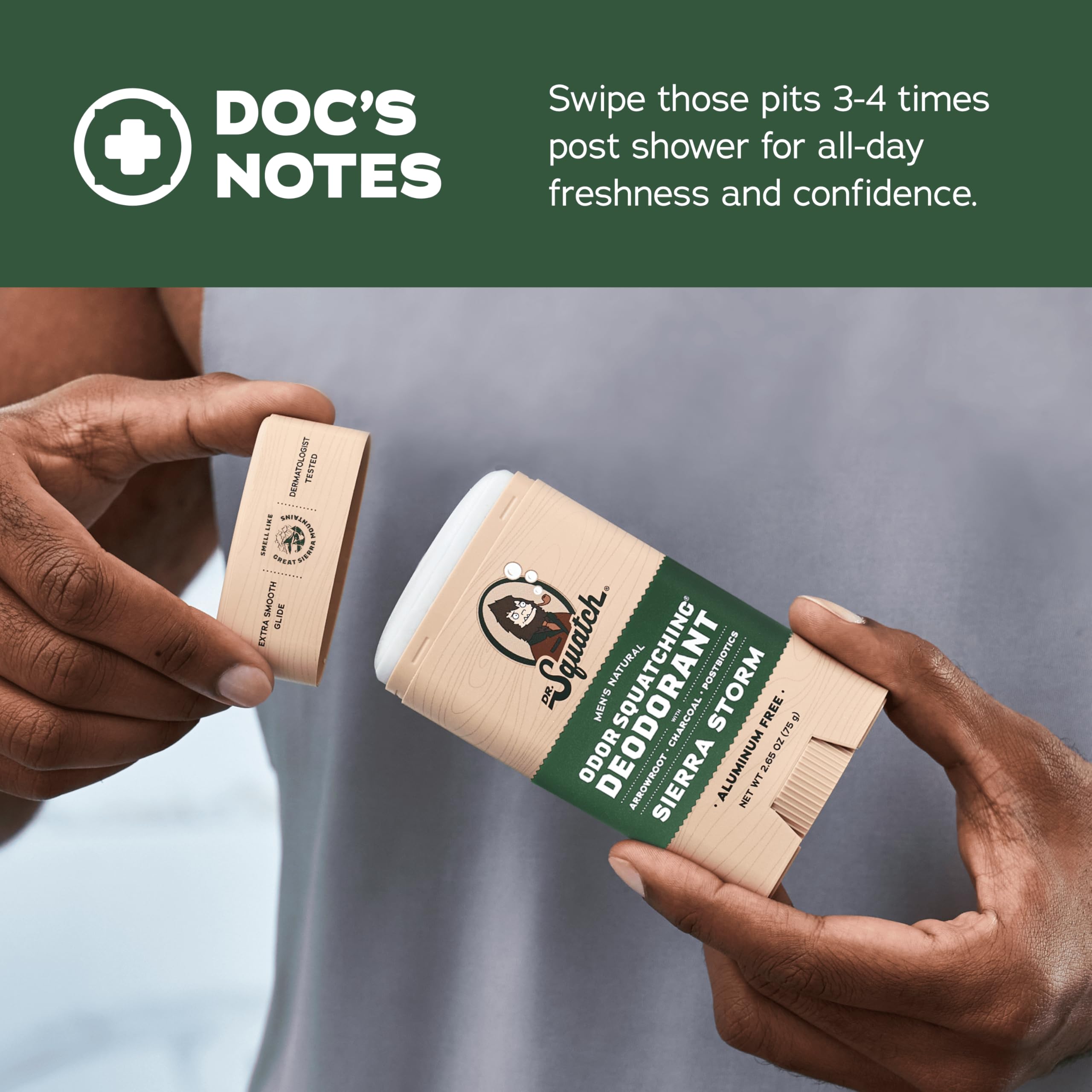 Dr. Squatch Lumberjack Lodge deodorant stick in use for active days