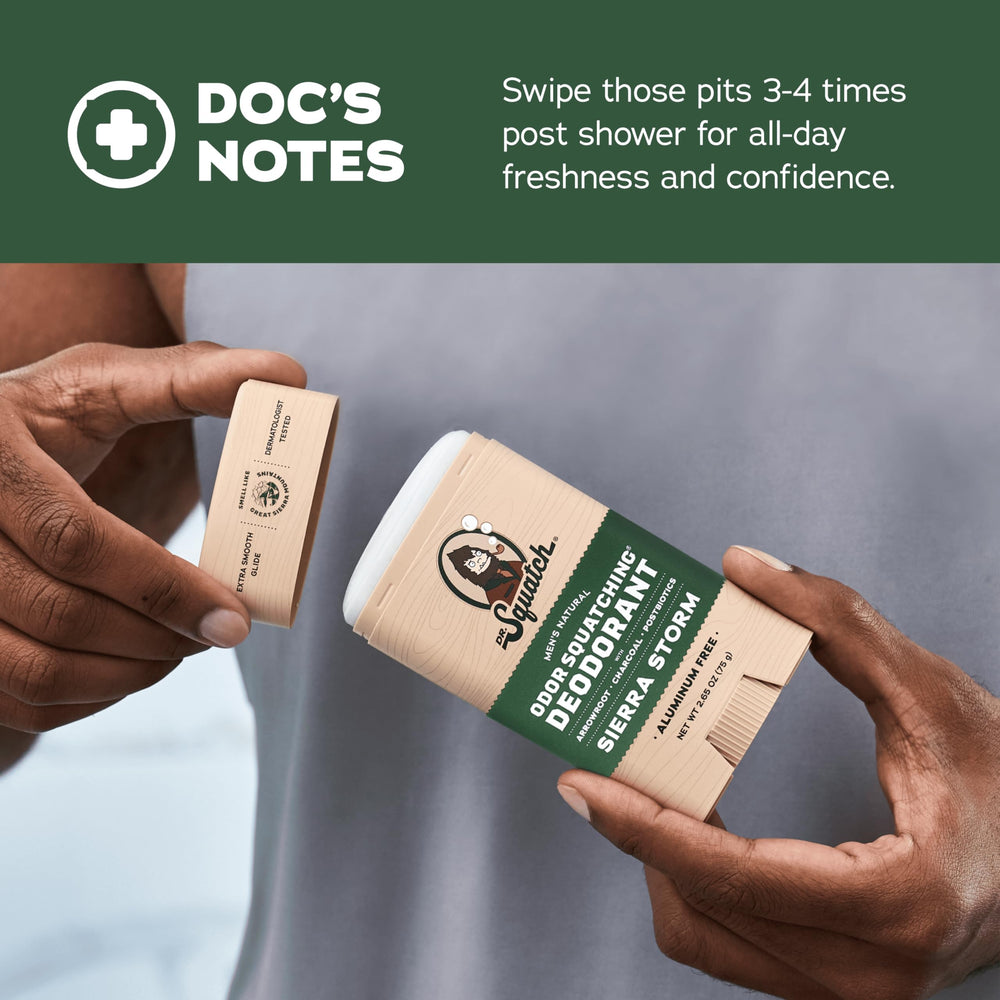 Dr. Squatch Lumberjack Lodge deodorant stick in use for active days