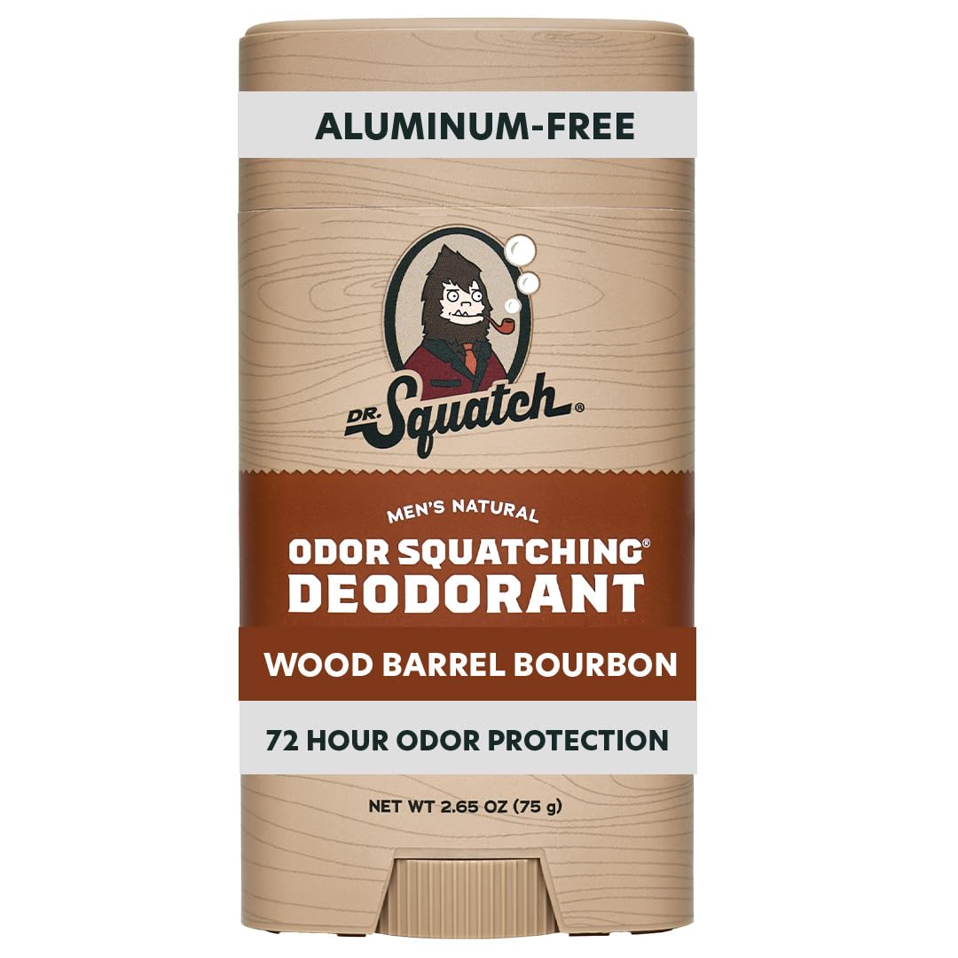 Dr. Squatch Desodorante Natural Wood Barrel Bourbon barra en envase, frescura diaria.