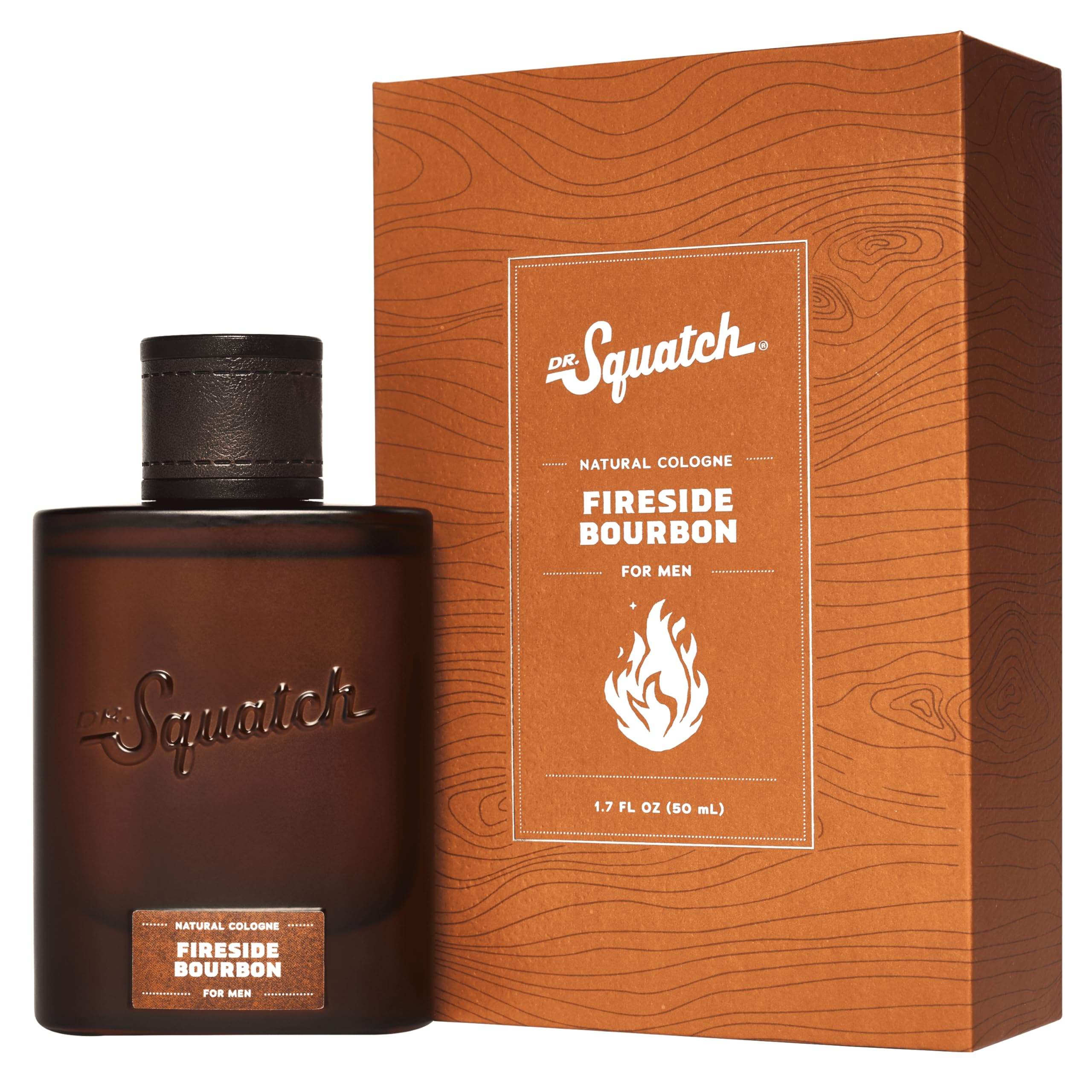 Dr. Squatch Fireside Bourbon Cologne bottle with rugged, lasting scent.