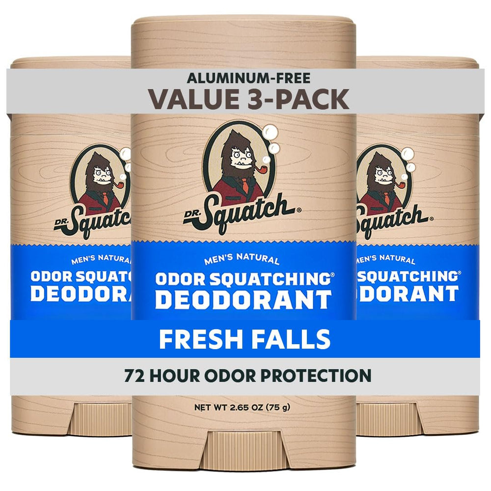Dr. Squatch Fresh Falls deodorant bottle with charcoal and postbiotics for lasting freshness.
