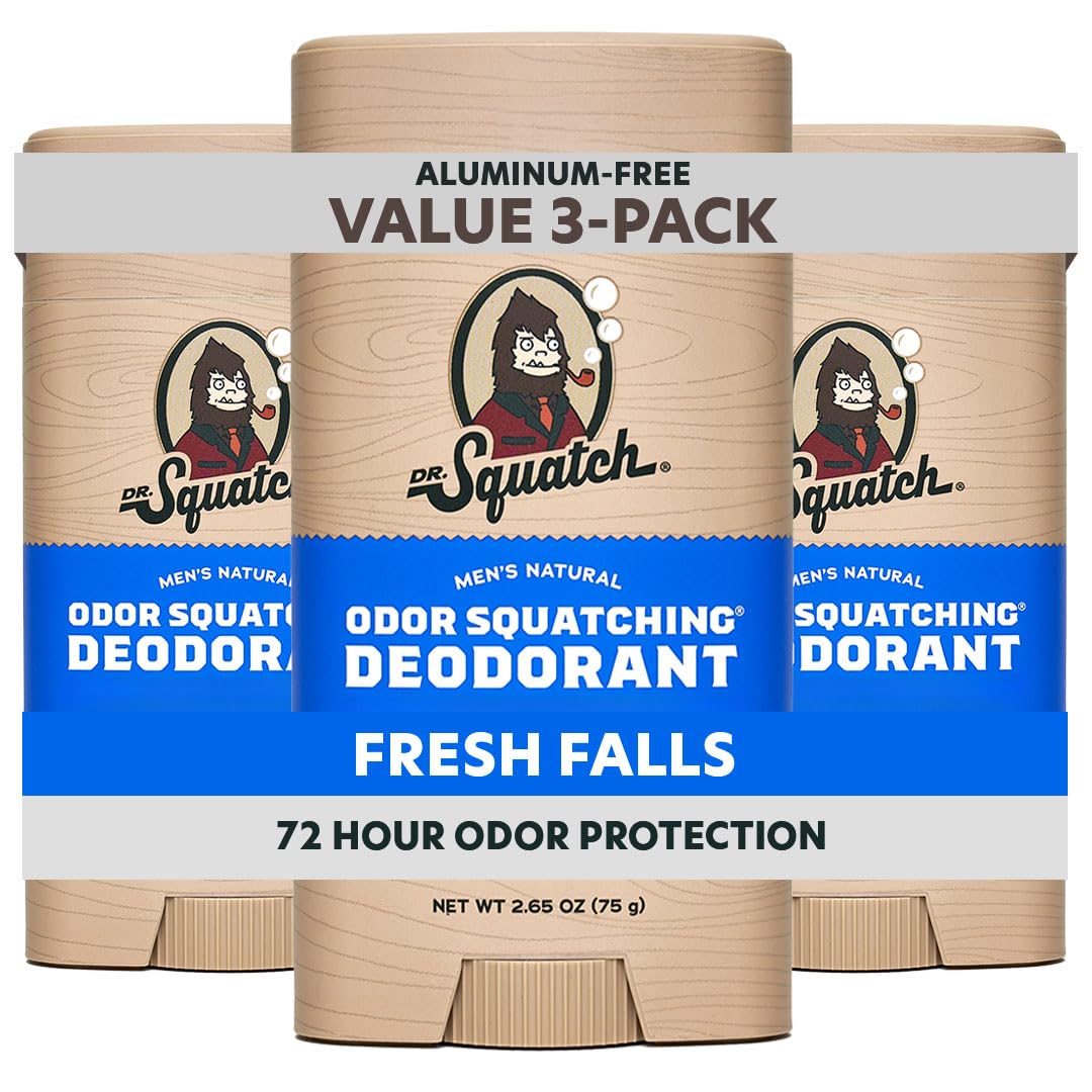 Dr. Squatch Fresh Falls deodorant bottle with charcoal and postbiotics for lasting freshness.