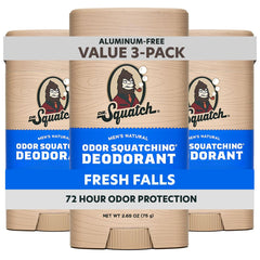 Dr. Squatch Fresh Falls deodorant bottle with charcoal and postbiotics for lasting freshness.