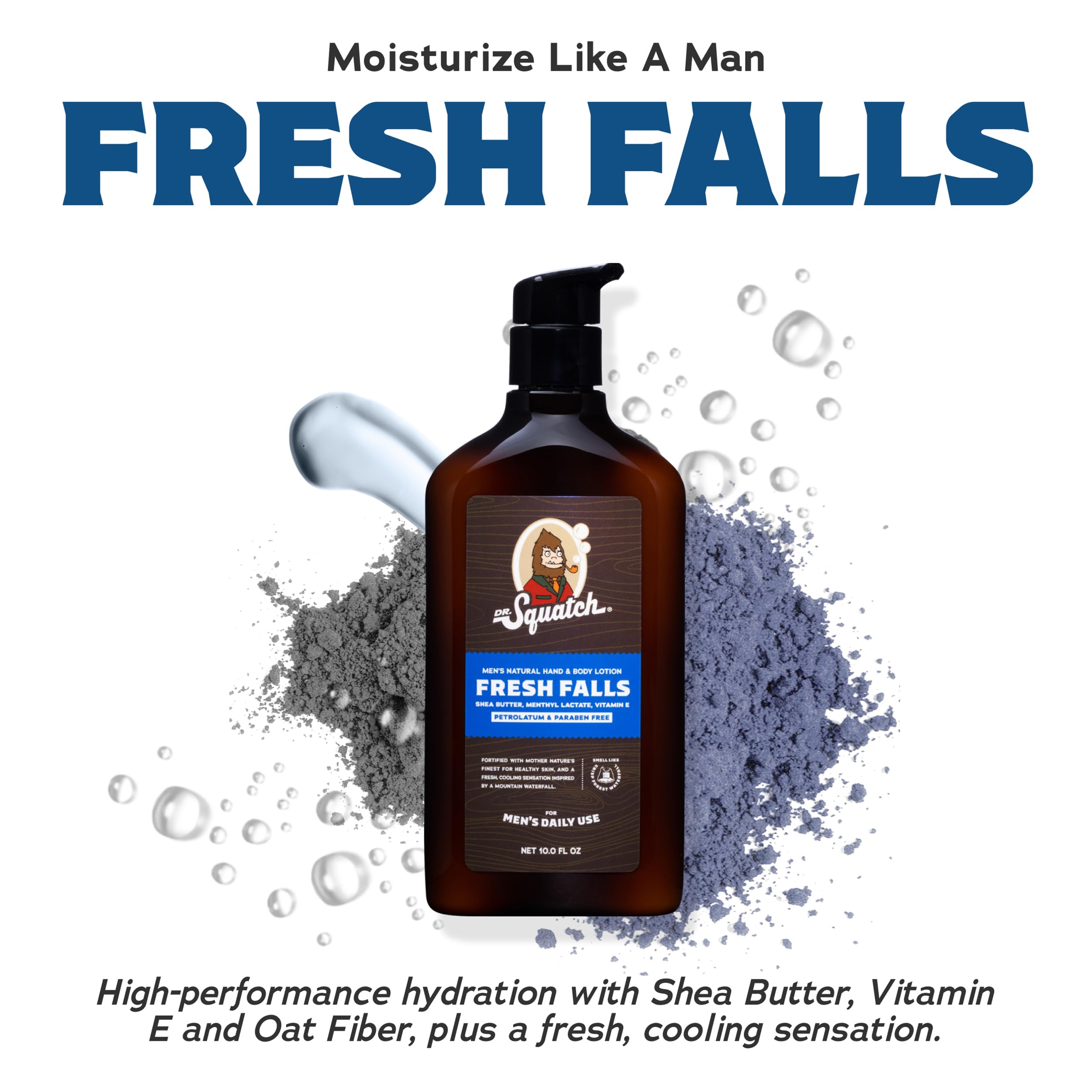 Dr. Squatch Fresh Falls lotion bottle label shows natural fragrance and branding