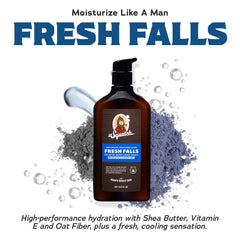 Dr. Squatch Fresh Falls lotion bottle label shows natural fragrance and branding
