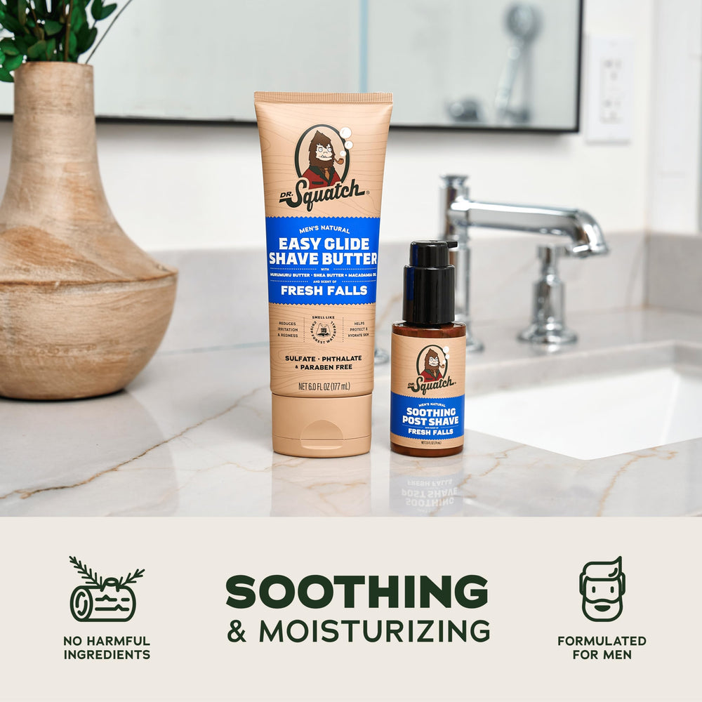 Dr. Squatch Fresh Falls packaging highlights natural, masculine fragrance and ingredients.