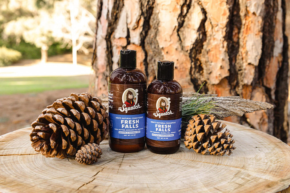 Dr Squatch Fresh Falls Shampoo bottle back highlights ingredients for nourished hair
