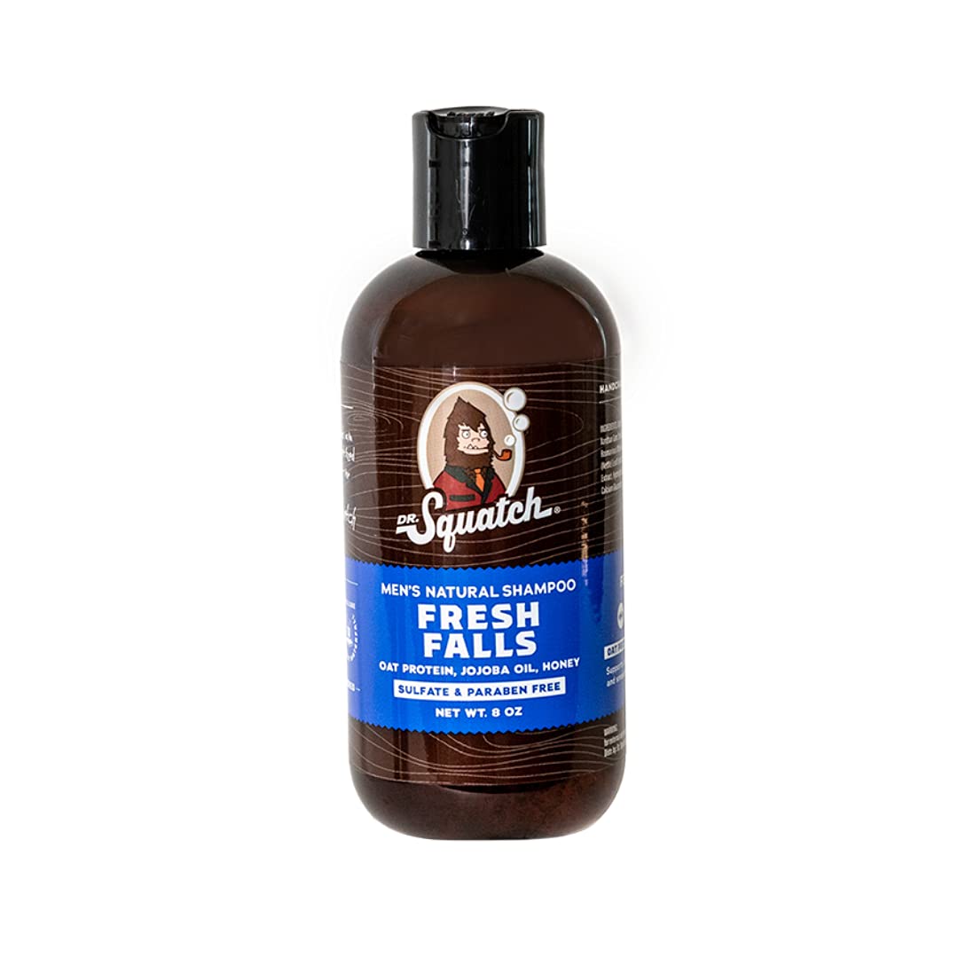Dr Squatch Fresh Falls Shampoo bottle front shows natural ingredients and a clean scent
