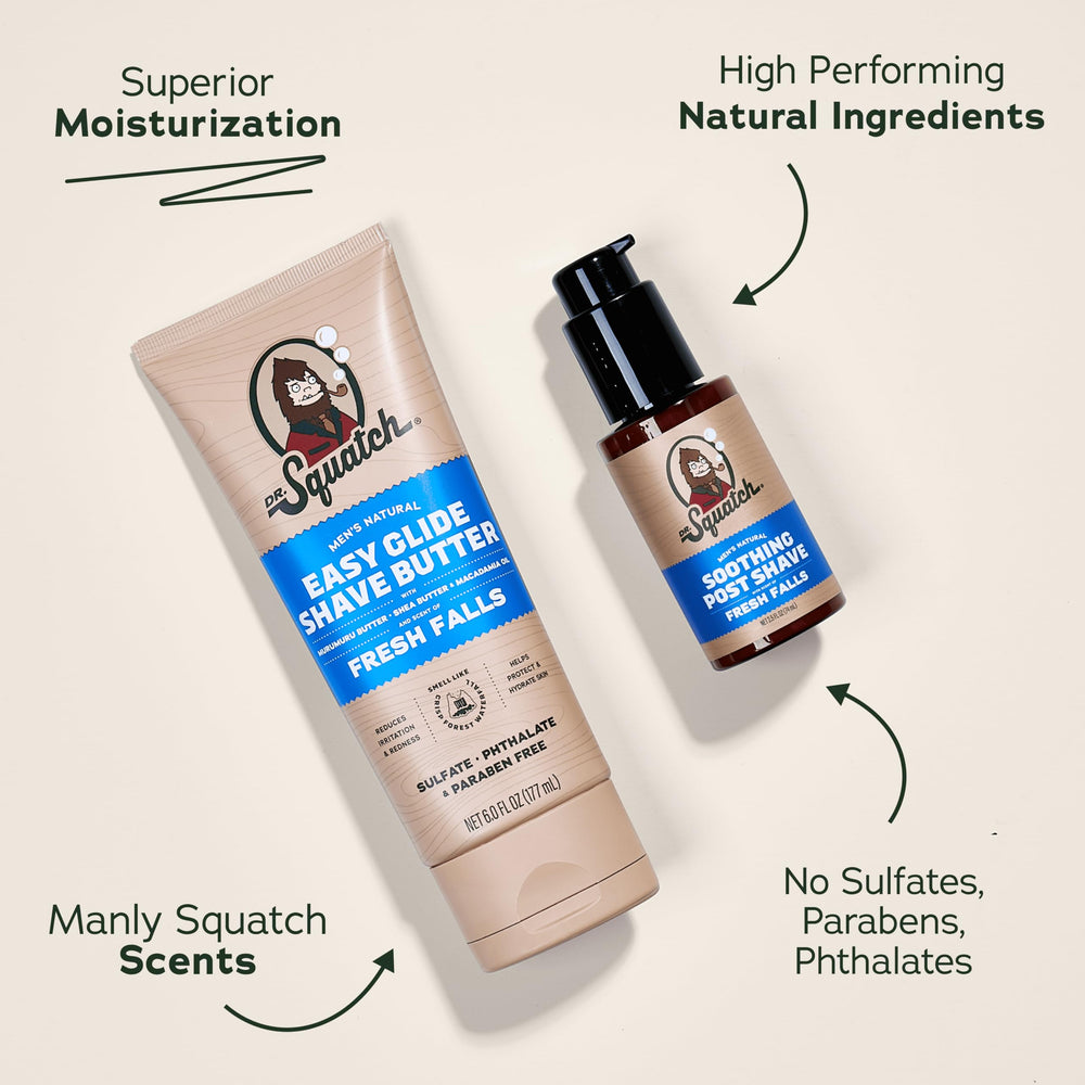 Dr. Squatch Fresh Falls Soothing Post-Shave Moisturizer calms skin after grooming.
