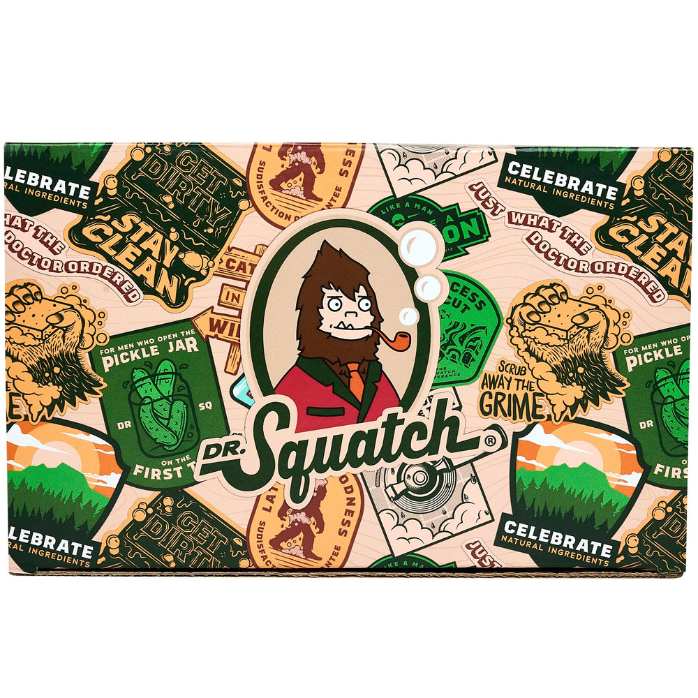Dr. Squatch Gift Box open with six soaps on display for variety.