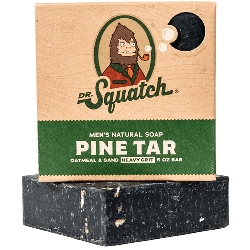 Dr. Squatch heavy grit pine tar bar for exfoliating and cleansing rugged skin on the body