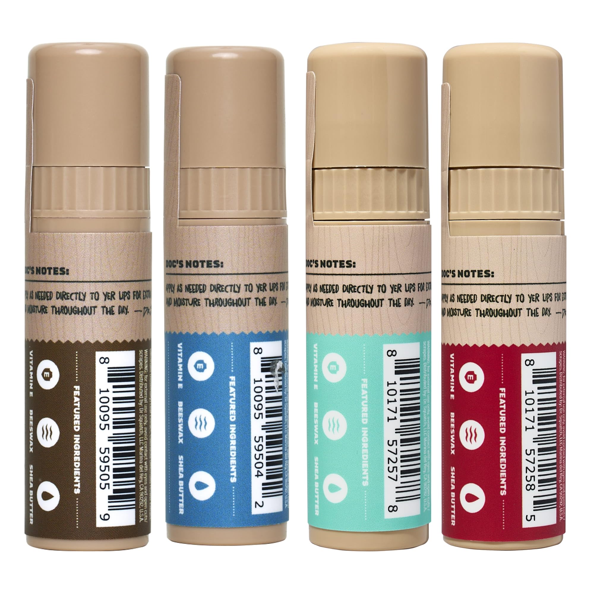 Dr. Squatch natural-origin ingredients close-up highlight clean formula for lips.