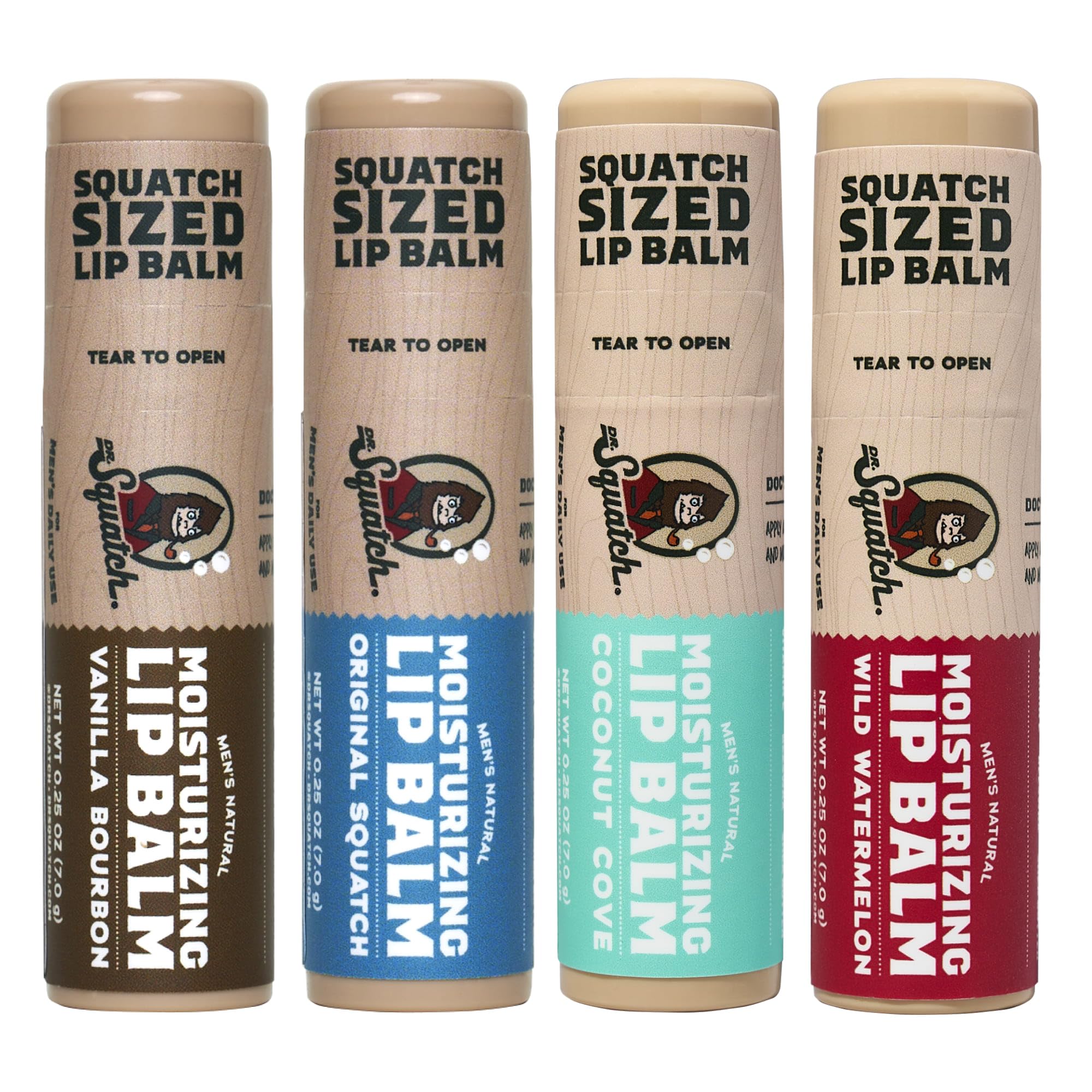 Dr. Squatch Vanilla Bourbon lip balm stick delivering lasting moisture for smooth lips.