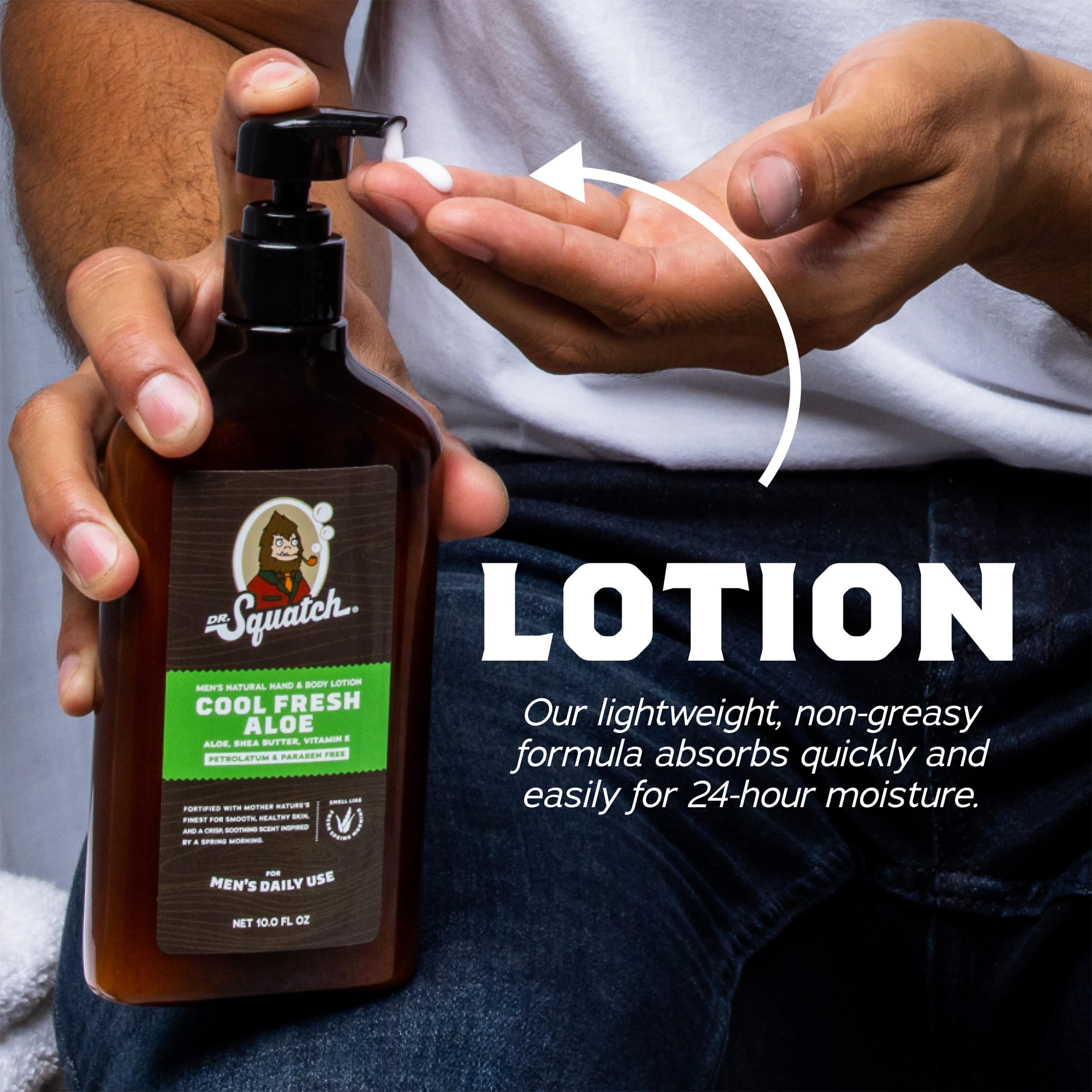 Dr. Squatch lotion being rubbed into skin to demonstrate quick absorption