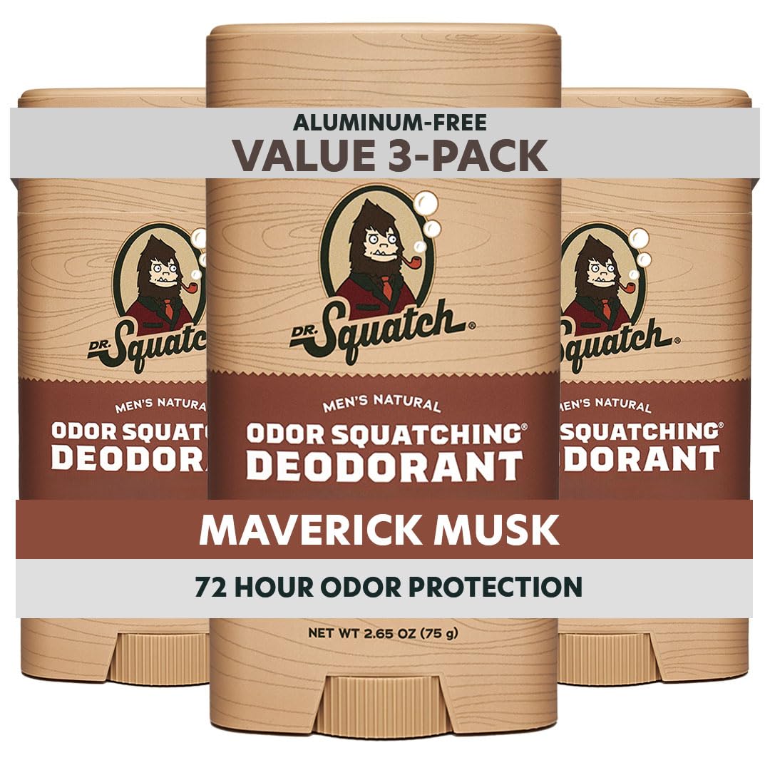 Dr. Squatch Maverick Musk deodorant stick 3-pack for all-day odor control.