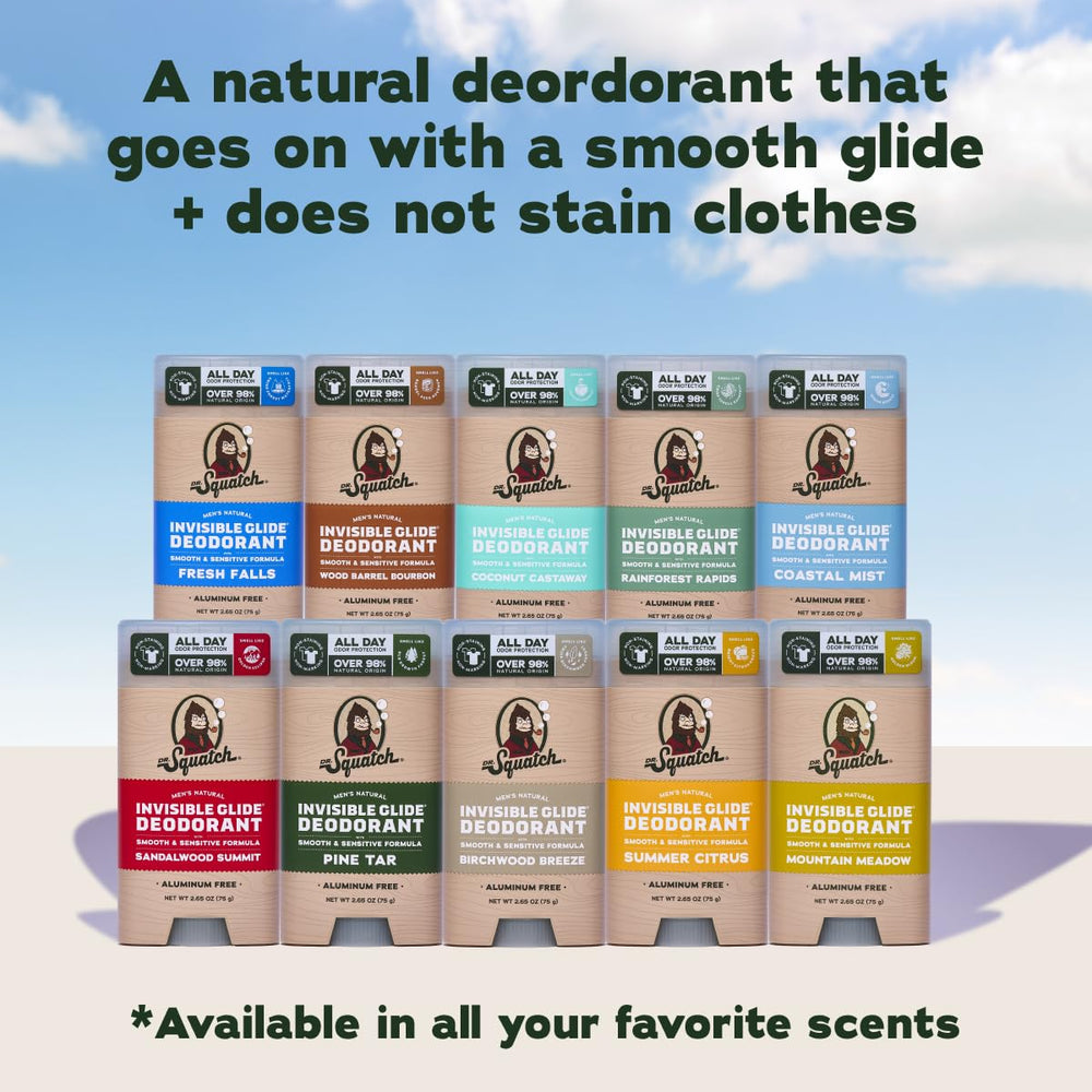 Dr. Squatch packaging highlights 98% natural origin, aluminum-free protection.
