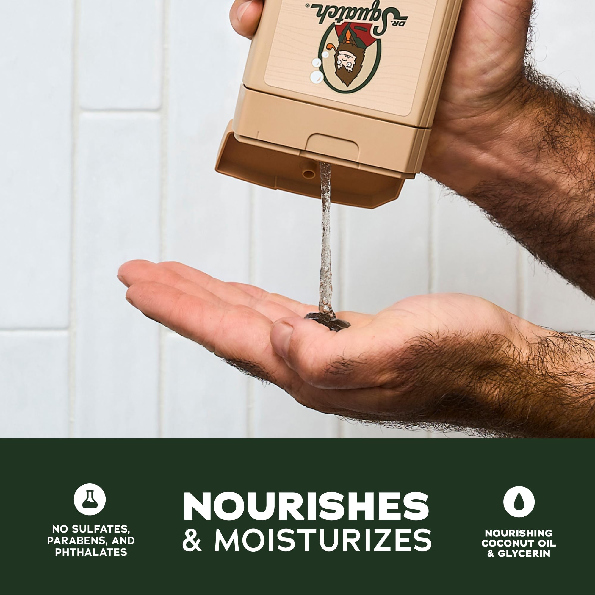 Dr. Squatch Pine Tar Coconut Castaway bottle back label highlights natural ingredients
