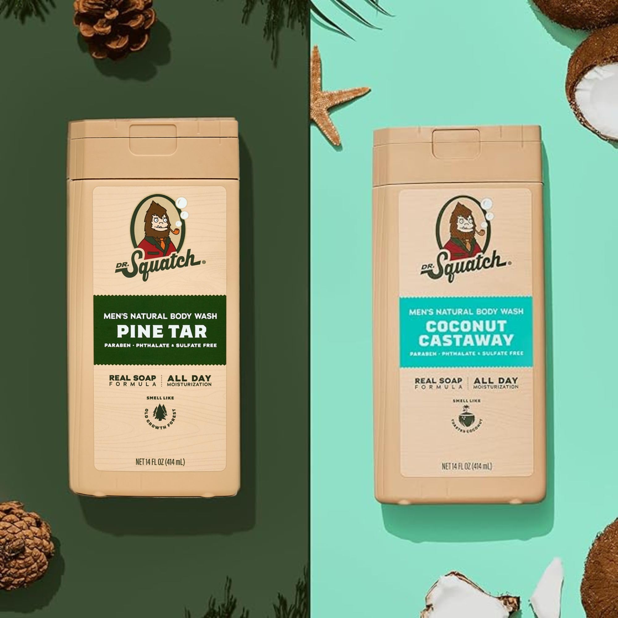 Dr. Squatch Castaway 2-pack packaging on bathroom shelf