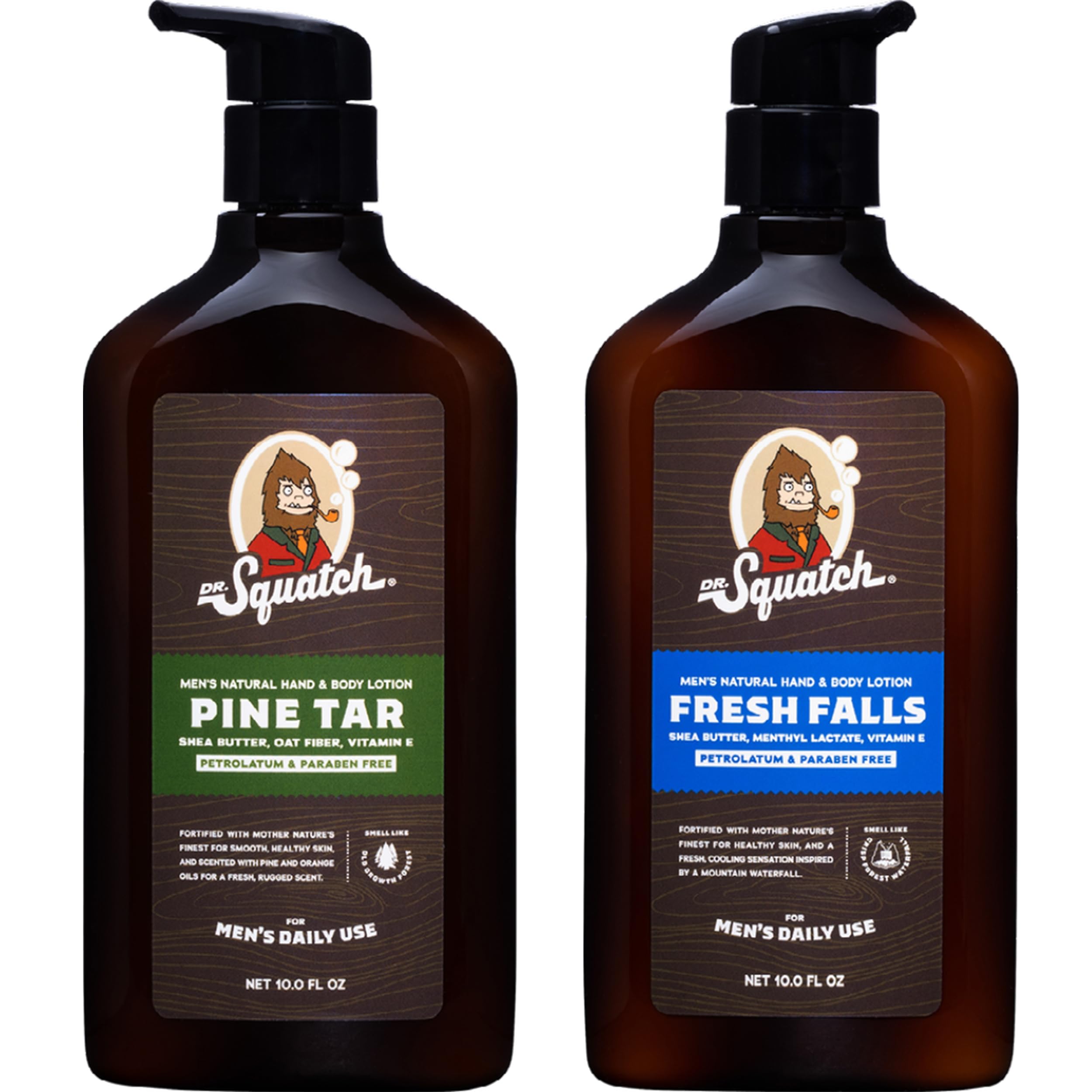 Dr. Squatch Pine Tar Fresh Falls lotion bottle highlights long lasting moisture