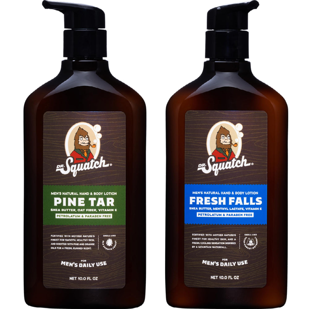 Dr. Squatch Pine Tar Fresh Falls lotion bottle highlights long lasting moisture